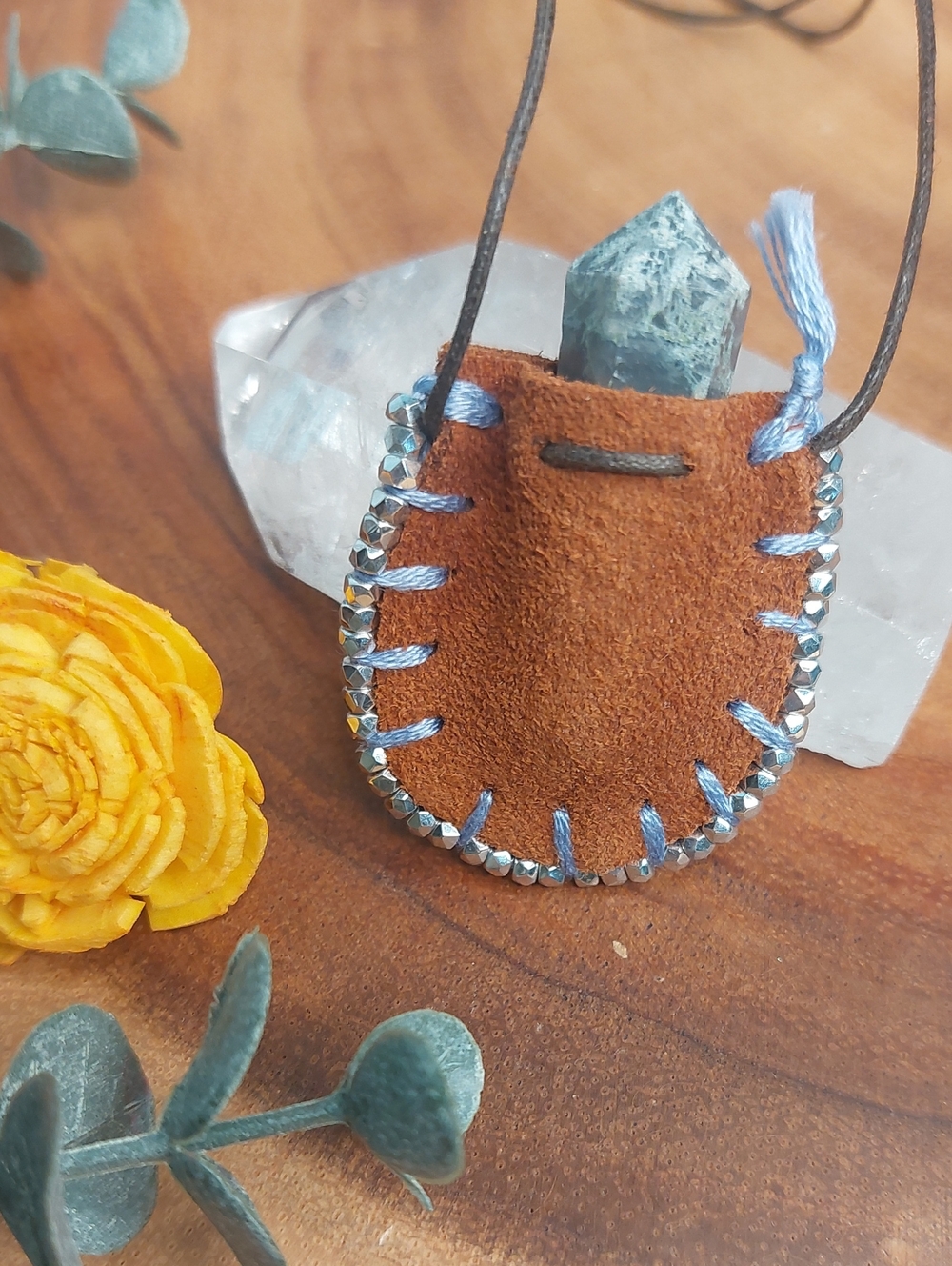 Leather Mini Mojo Bag Necklace by Rust Belt Raised Moss Agate Necklace